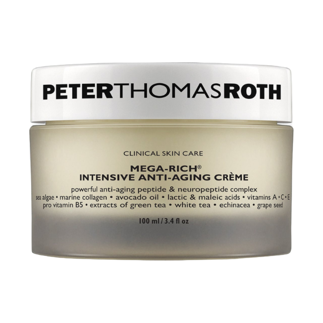 Peter Thomas Roth Mega-Rich Intensive Anti-Aging Crème contains anti-aging peptides, sea algae, marine collagen, avocado oil, and vitamins A, C, E. It aims to reduce signs of aging and moisturize the skin. Size: 100 ml/3.4 fl oz.