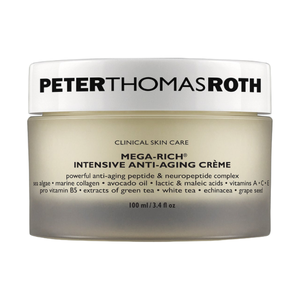 Peter Thomas Roth Mega-Rich Intensive Anti-Aging Crème contains anti-aging peptides, sea algae, marine collagen, avocado oil, and vitamins A, C, E. It aims to reduce signs of aging and moisturize the skin. Size: 100 ml/3.4 fl oz.