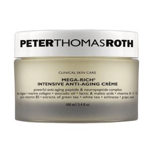 Peter Thomas Roth Mega-Rich Intensive Anti-Aging Crème contains anti-aging peptides, sea algae, marine collagen, avocado oil, and vitamins A, C, E. It aims to reduce signs of aging and moisturize the skin. Size: 100 ml/3.4 fl oz.