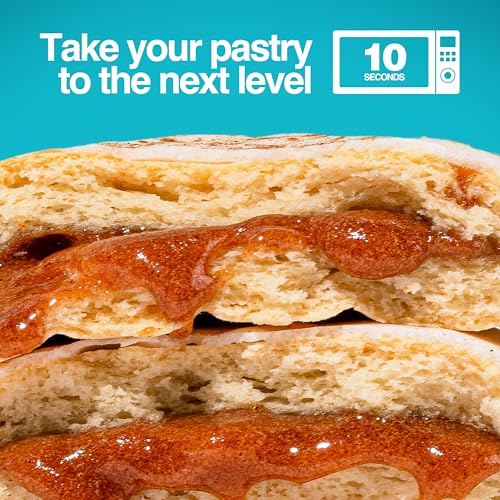 Pastry with melted filling is shown with a suggestion to microwave for 10 seconds to enhance the experience.