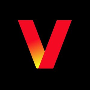 A stylized \“V\“ with a gradient from red to orange against a black background.