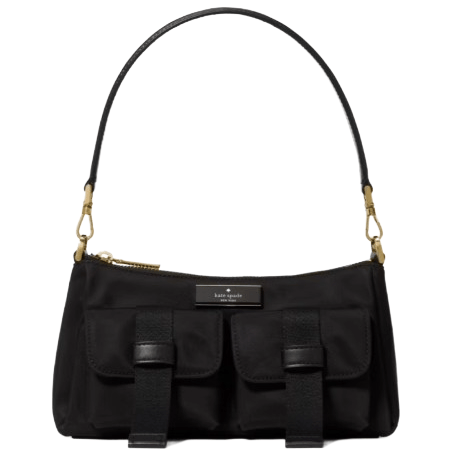 A black handbag with a short strap, featuring two front pockets with buckle details and gold-tone hardware.