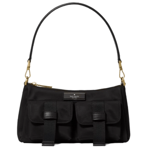 A black handbag with a short strap, featuring two front pockets with buckle details and gold-tone hardware.