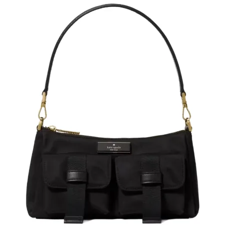 A black handbag with a short strap, featuring two front pockets with buckle details and gold-tone hardware.