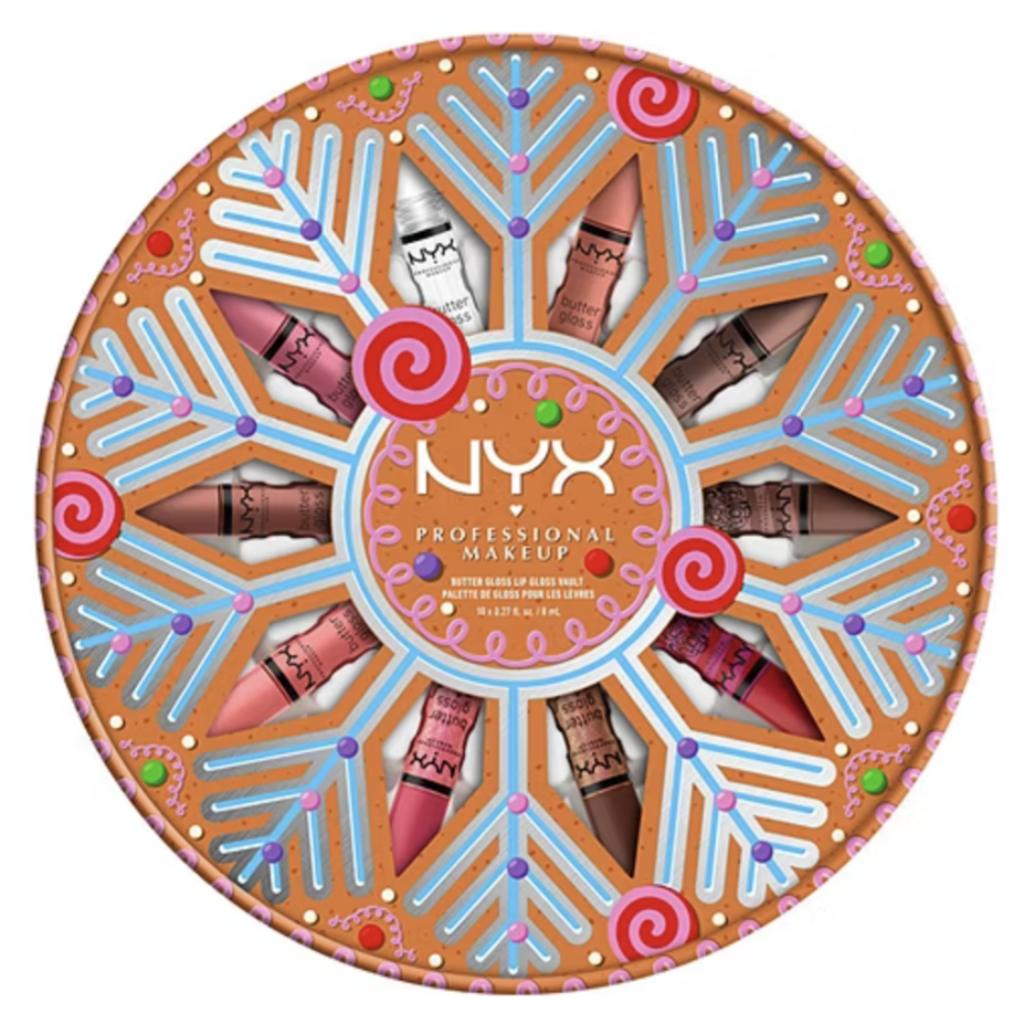 NYX Professional Makeup Butter Gloss Vault in a festive circular packaging resembling a gingerbread pattern, featuring a variety of lip gloss shades.