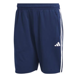 Blue athletic shorts with white stripes on the sides and an elastic waistband, featuring the Adidas logo on the left leg.