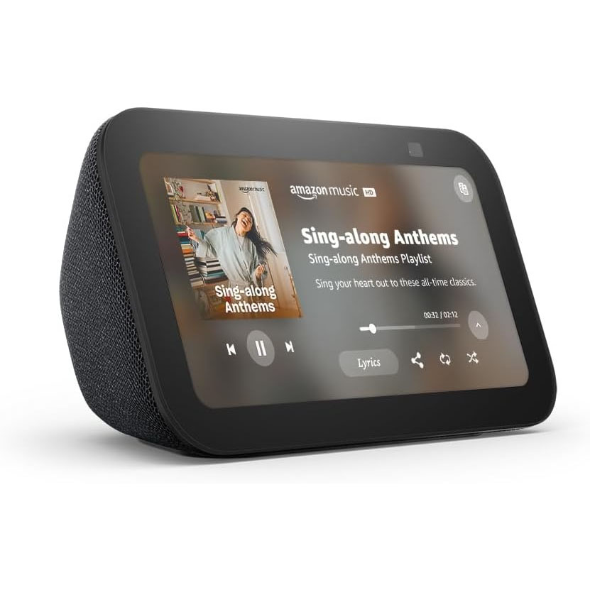 A smart display device with Amazon Music HD playing a \“Sing-along Anthems\“ playlist, featuring a touchscreen interface.