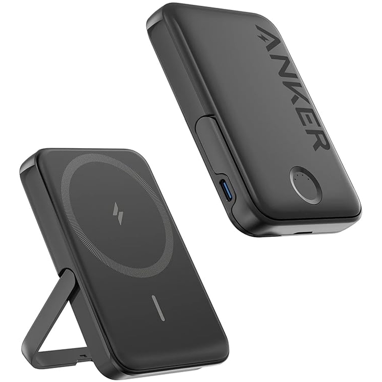 Two black Anker MagSafe Power Banks, featuring a circular charging area, a stand for hands-free use, and a USB-C port.
