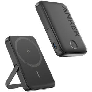 Two black Anker MagSafe Power Banks, featuring a circular charging area, a stand for hands-free use, and a USB-C port.