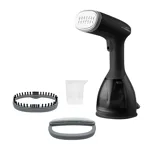 A handheld garment steamer with two detachable brush attachments and a measuring cup for water.
