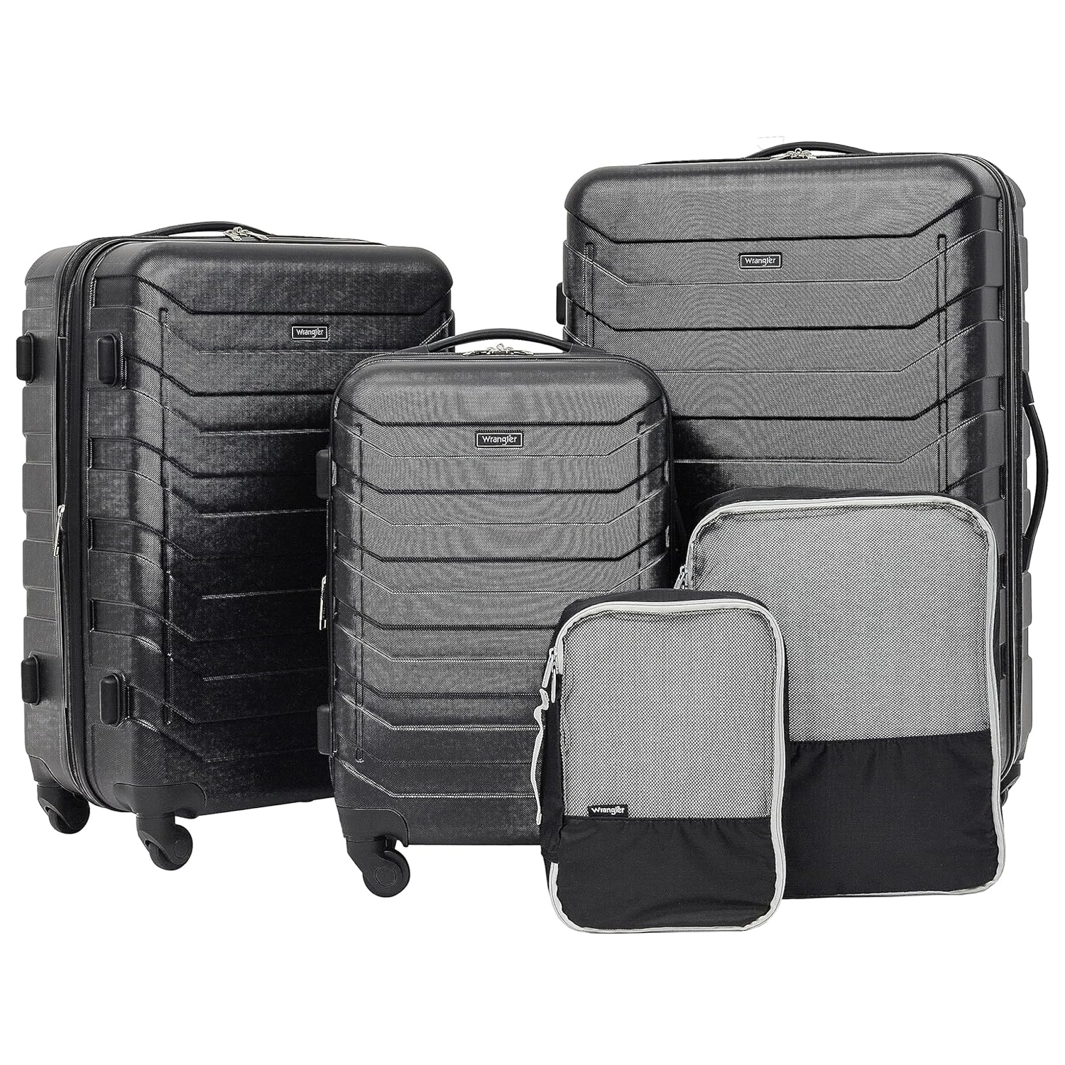 Wrangler 5pc Luggage Set includes three hard-shell suitcases in black with spinner wheels, featuring a textured lined design, and two packing cubes for organization.