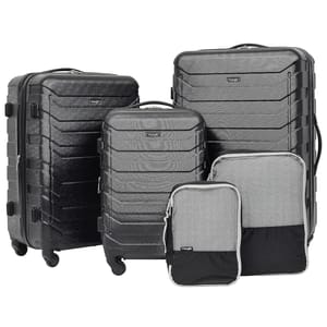 Wrangler 5pc Luggage Set includes three hard-shell suitcases in black with spinner wheels, featuring a textured lined design, and two packing cubes for organization.
