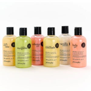 A set of six Philosophy shower gels in 240 ml bottles with scents: Vanilla Cake, Senorita Margarita, Cabana Girl, Iced Mint Lemonade, Vanilla Coconut, and Hula Girl.