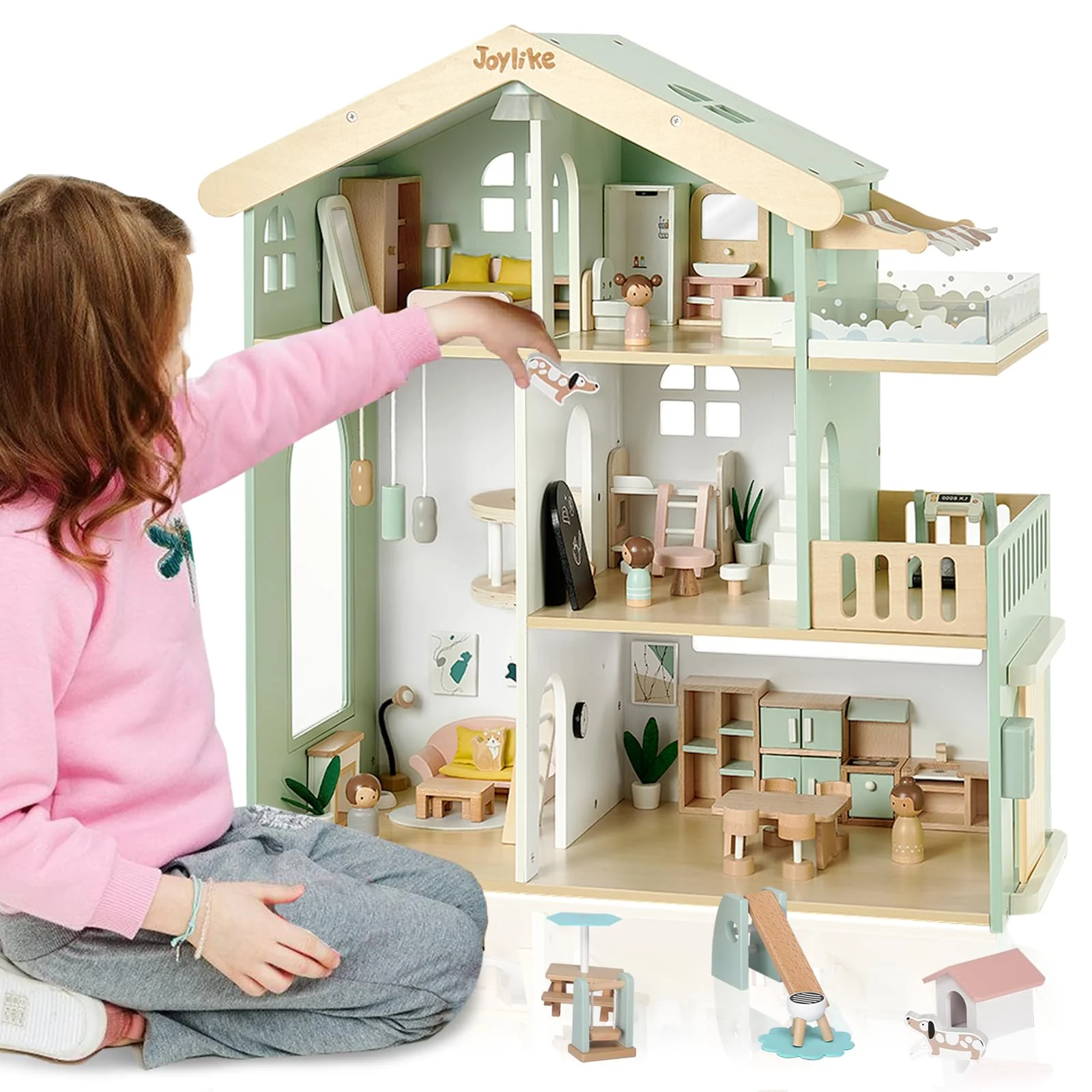 Joylike 53pc Doll House is a multi-level wooden playset featuring detailed rooms, furniture, and accessories designed for imaginative play. Its pastel colors and modern design create a cozy and engaging environment for children.