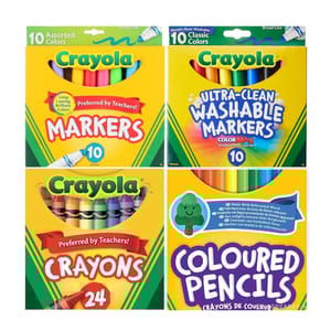 Four Crayola products: a pack of 10 assorted color markers, 10 ultra-clean washable markers, 24 crayons, and colored pencils made with reforested wood.