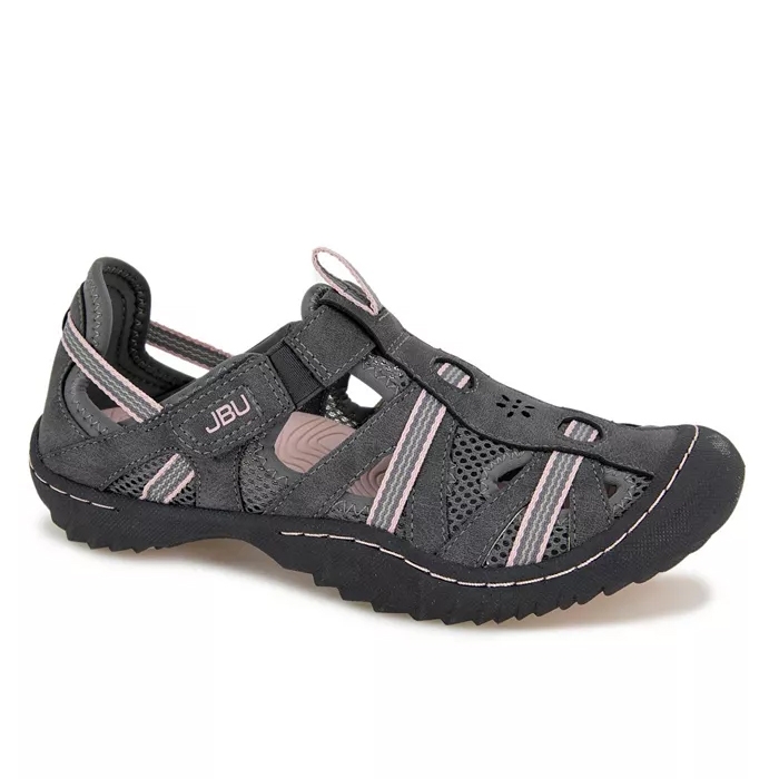 A black sport sandal with pink accents, featuring a closed toe, breathable mesh, and adjustable straps. The design appears to offer comfort and support, suitable for outdoor activities.