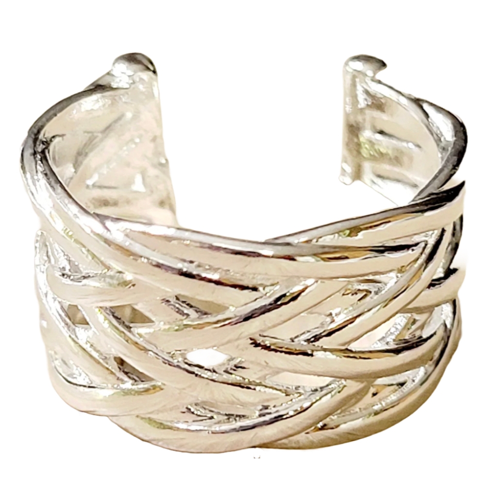 Silver-colored crisscross pattern ring with an open band design.