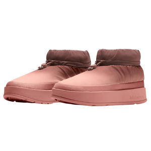 A pair of pink, cushioned slip-on shoes with a drawstring at the top and a platform sole, featuring the lululemon logo on the side.