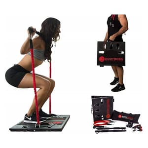 A woman using a portable gym setup with resistance bands, and a separate display of included equipment such as handles, straps, and a collapsible workout platform.
