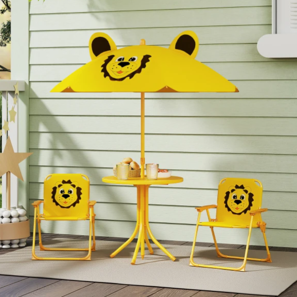 A yellow children's patio set featuring a lion-themed umbrella and two chairs, accompanied by a small round table.