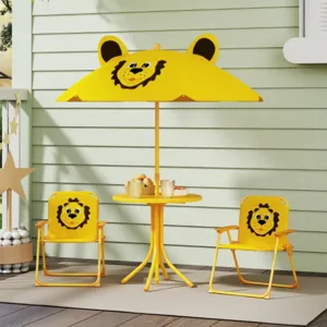 A yellow children's patio set featuring a lion-themed umbrella and two chairs, accompanied by a small round table.