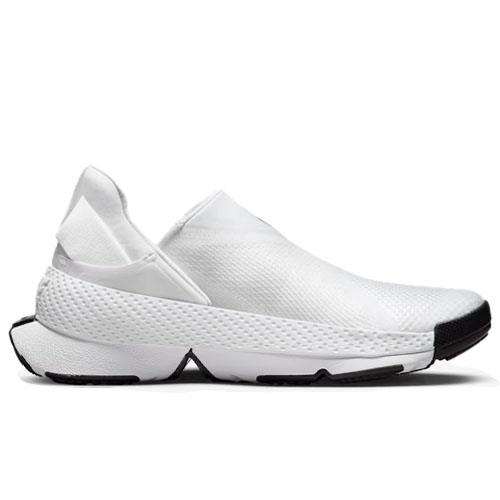 A white slip-on athletic shoe with a sleek design and a textured surface, featuring a black sole and toe cap.