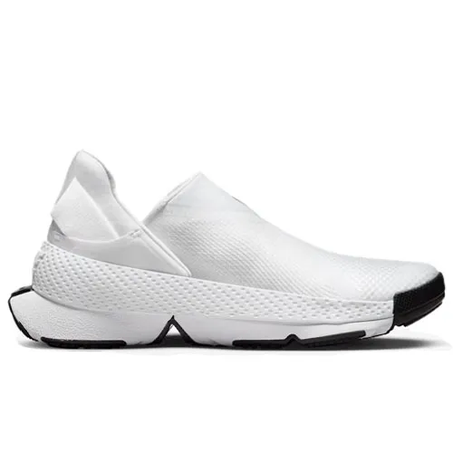 A white slip-on athletic shoe with a sleek design and a textured surface, featuring a black sole and toe cap.