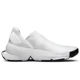 A white slip-on athletic shoe with a sleek design and a textured surface, featuring a black sole and toe cap.