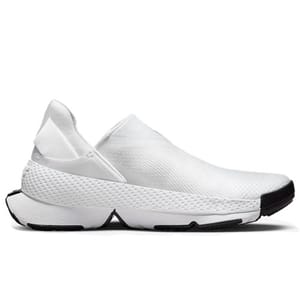 A white slip-on athletic shoe with a sleek design and a textured surface, featuring a black sole and toe cap.
