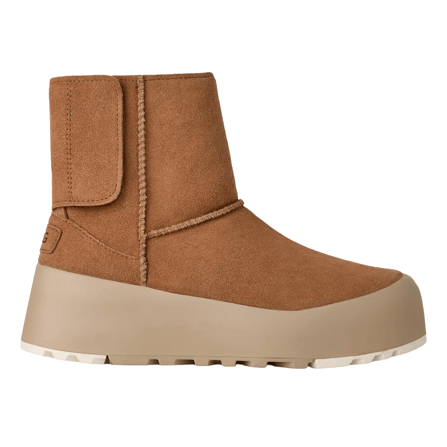A brown suede ankle boot with a side flap and a thick, beige platform sole featuring traction treads.