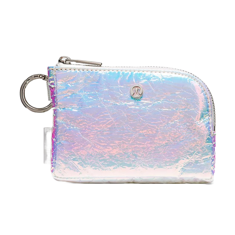 An iridescent card pouch with a zipper and keyring, featuring a shiny, crinkled texture and a small logo on the front.
