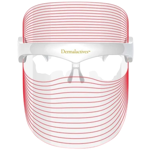 LED light therapy mask with red light lines and the brand name Dermalactives across the front.