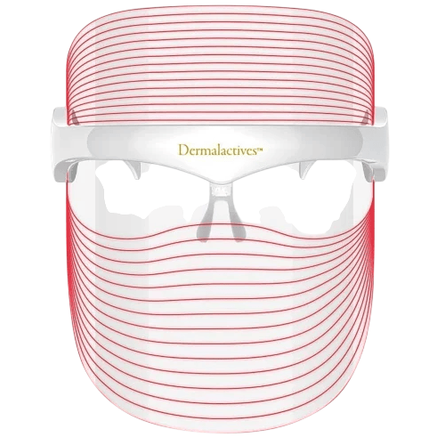 LED light therapy mask with red light lines and the brand name Dermalactives across the front.