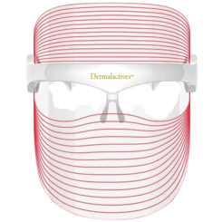 LED light therapy mask with red light lines and the brand name Dermalactives across the front.