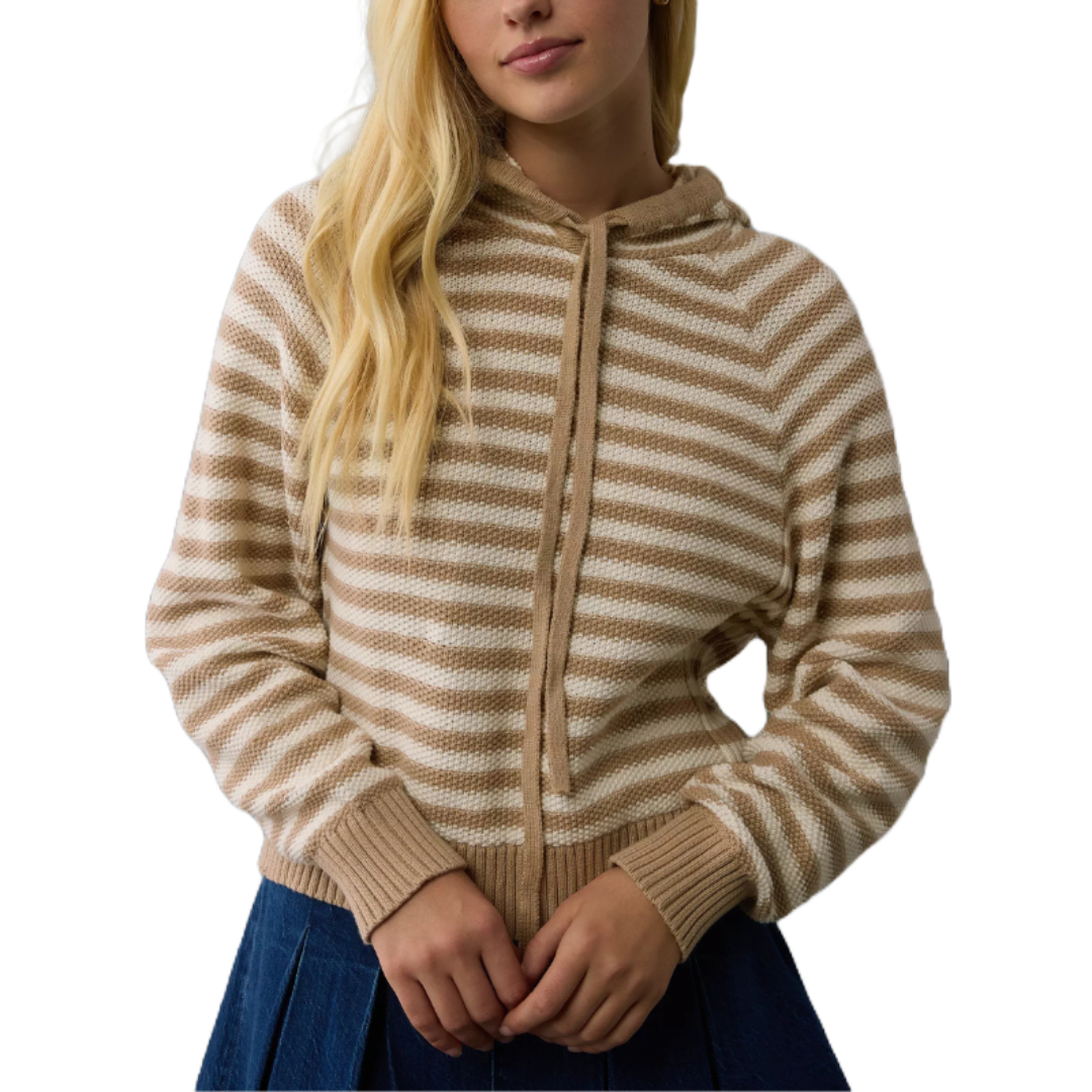A beige and white striped, cropped cotton hoodie with ribbed cuffs and a zip front, paired with a blue skirt.