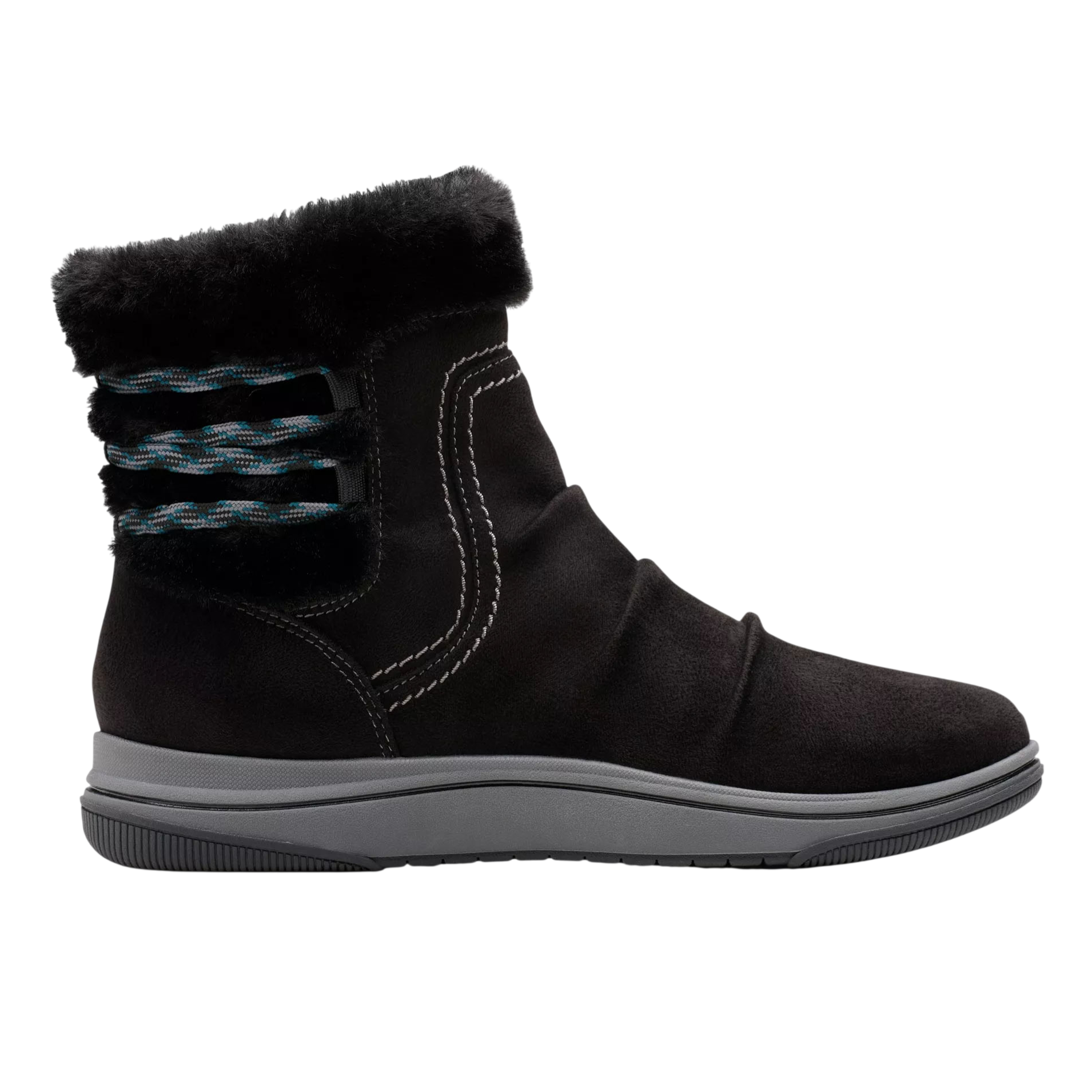 Black ankle boot with a faux fur cuff, side stitching, and a gray sole, featuring blue and black braided accents.