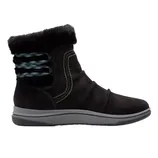Black ankle boot with a faux fur cuff, side stitching, and a gray sole, featuring blue and black braided accents.