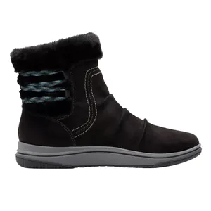 Black ankle boot with a faux fur cuff, side stitching, and a gray sole, featuring blue and black braided accents.