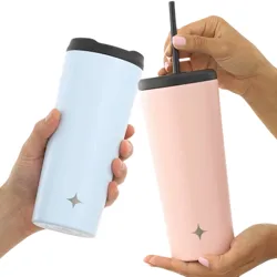 Two insulated tumblers, one light blue and the other pink, each with a black lid and straw, featuring a small star design.
