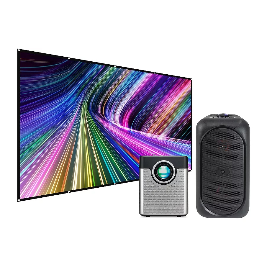 A projector setup with a colorful display screen, a compact projector, and a portable speaker.