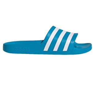 Blue Adidas slide sandal with white stripes and embossed logo on the side.