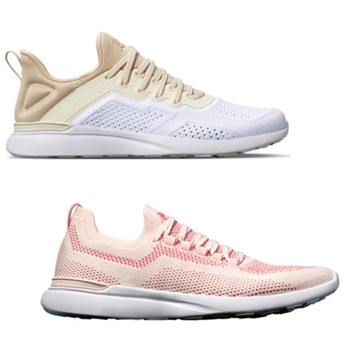 Two pairs of athletic sneakers, one in white and beige and the other in a light pink shade.
