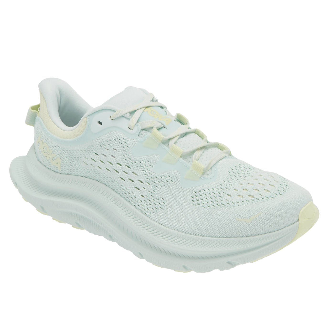 Light blue Hoka Kawana 2 running shoe with breathable mesh upper, padded collar, and thick, cushioned sole for enhanced comfort and support. Subtle branding on the side, designed for performance and style.