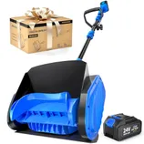 Cordless snow shovel with a 24V 4.0 Ah battery and charger, featuring a brushless motor.