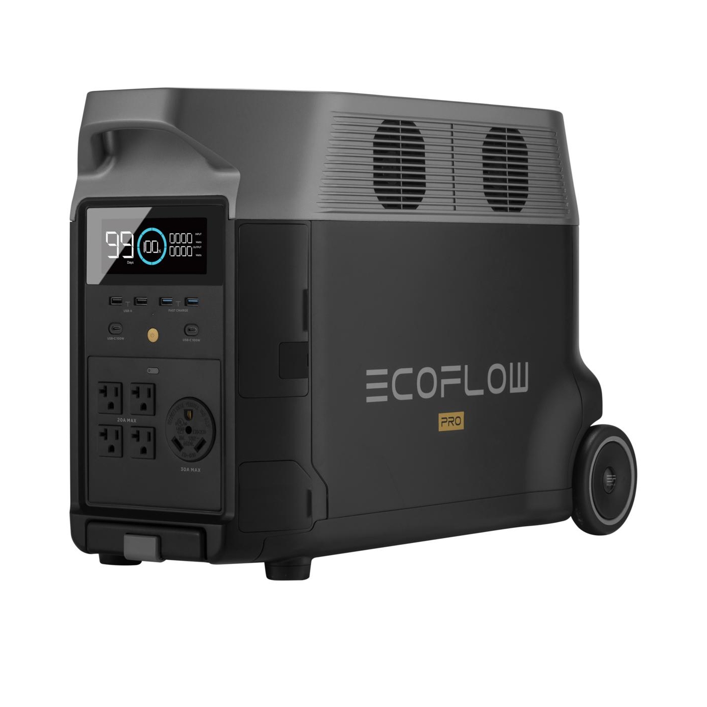 EcoFlow portable power station with multiple outlets and digital display, designed for efficient power supply in various settings.