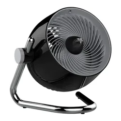 A modern tabletop fan with a sleek black design, featuring an adjustable head and a chrome stand, suitable for compact spaces.