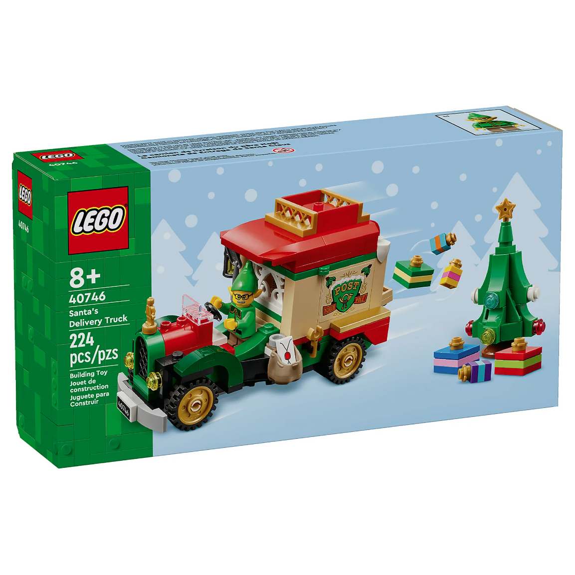 LEGO 40746 Santa's Delivery Truck set includes 224 pieces, featuring a festive truck with an elf driver, a decorated Christmas tree, and various gifts. Suitable for ages 8 and up.