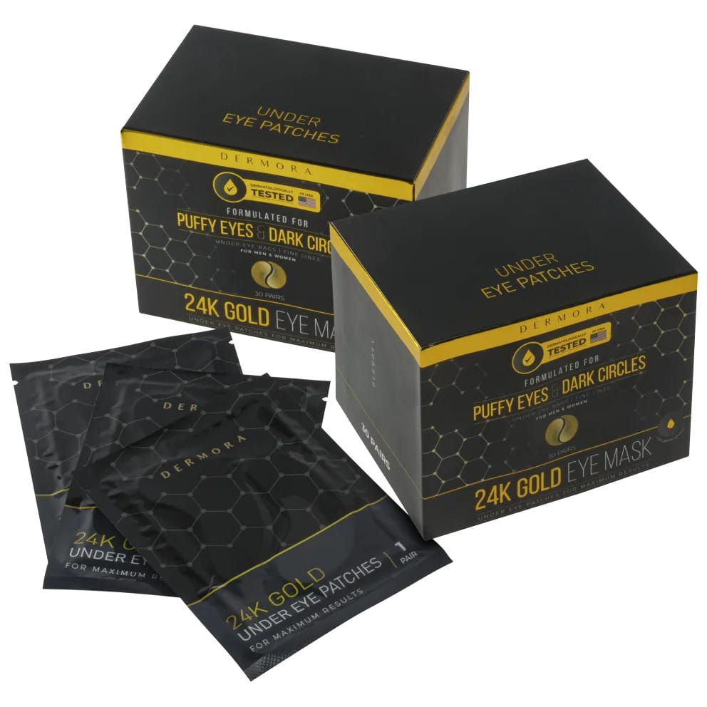 60pk under-eye patches designed to reduce puffiness and dark circles, labeled \“24K Gold Eye Mask\“ by Dermora, featuring individual packets for maximum results.