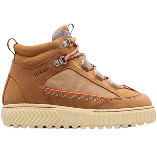 A brown mid-top sneaker boot with a textured sole and orange accents, featuring the brand \“Sorel\“ on the side.