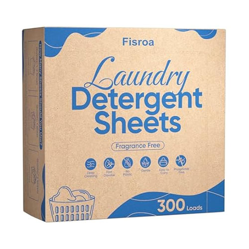 Fisroa Laundry Detergent Sheets are fragrance-free, designed for 300 loads, and offer features like deep cleaning, gentle on fabrics, easy to carry, and quick dissolution.